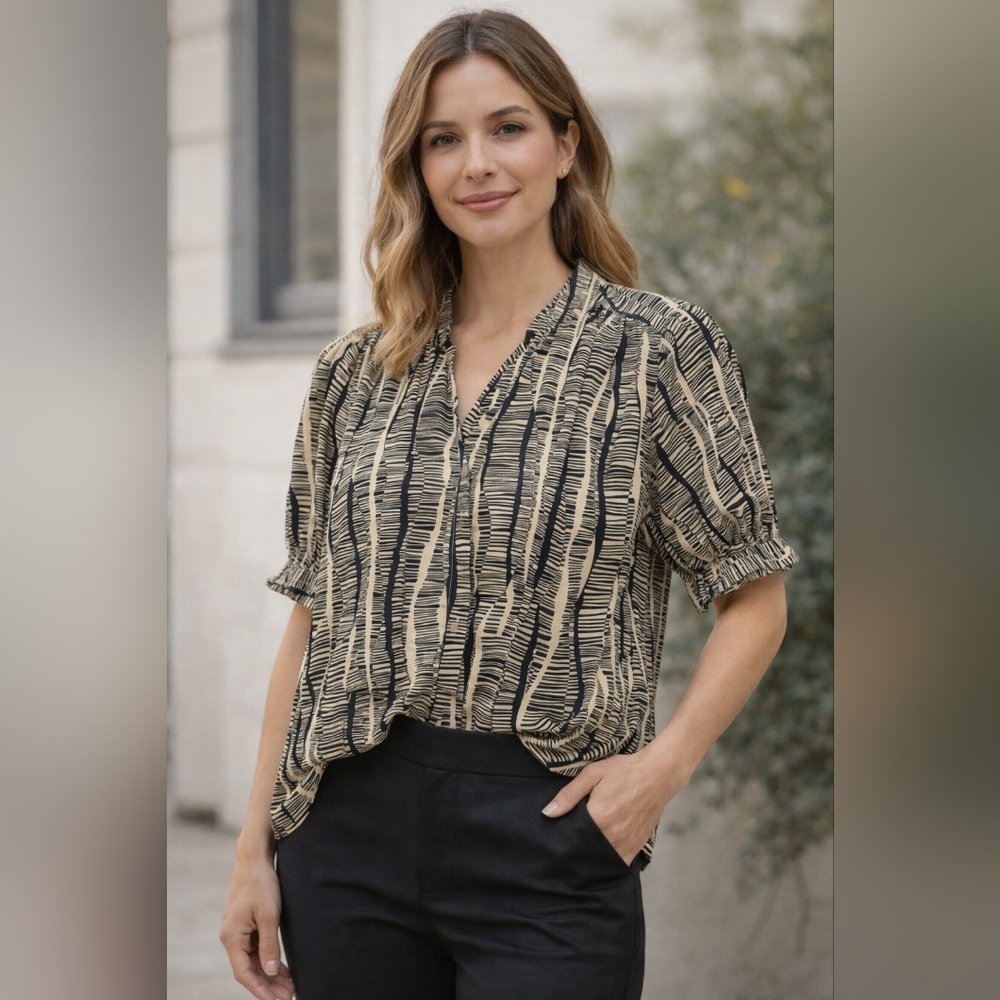 Neutral Abstract Blouse Business Casual Chic Work to Weekend Flowy Layering Top